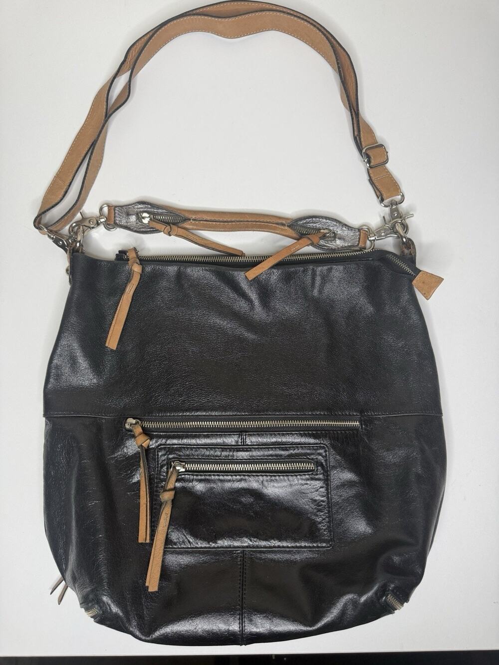 Tano Convertible Hobo Crossbody Large Black Leather Multi Pocket Zip Top Bag